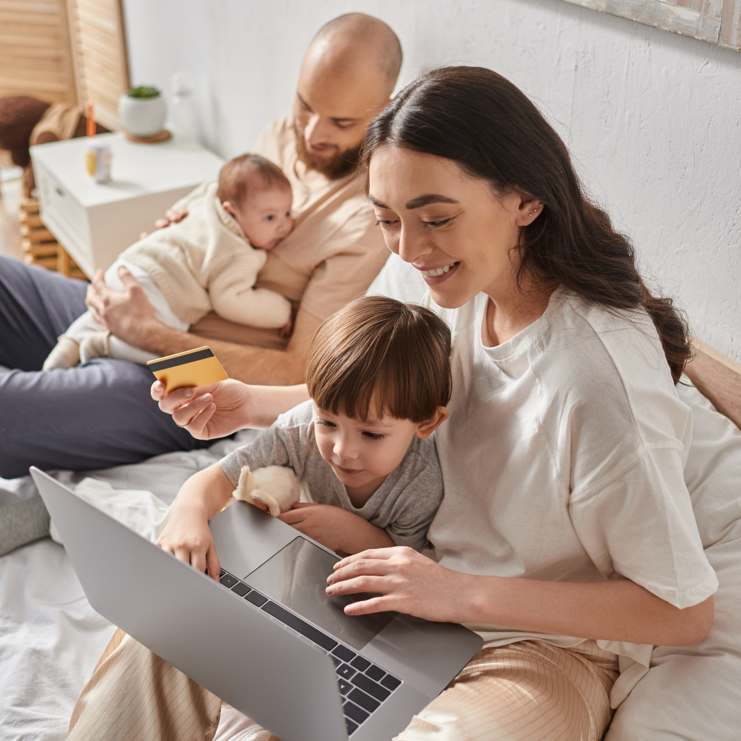 Young Family On Bed Laptop Card IG Young Family On Bed Laptop Card IG